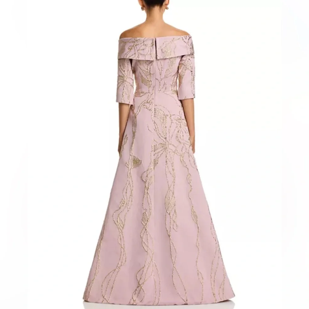 Teri Jon By Rickie Freeman Jacquard Folded Off-The-Shoulder Elbow Sleeve Gown 8 - Picture 4 of 10